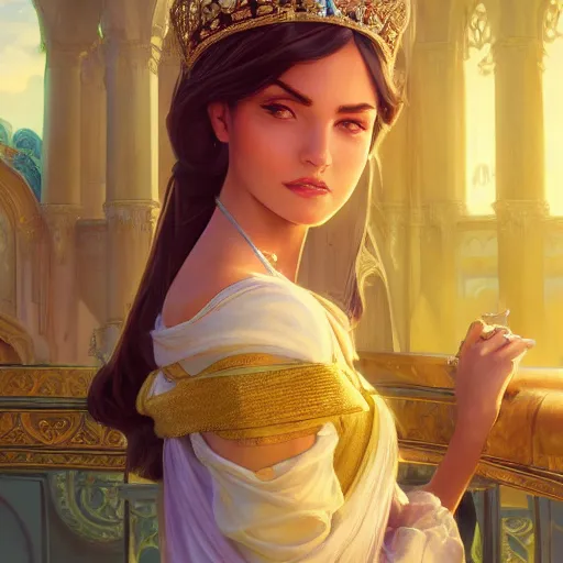 Image similar to beautiful young princess jasmin closeup, palace background, d & d, fantasy, elegant, highly detailed, digital painting, artstation, concept art, matte, sharp focus, illustration, art by artgerm and greg rutkowski and alphonse mucha