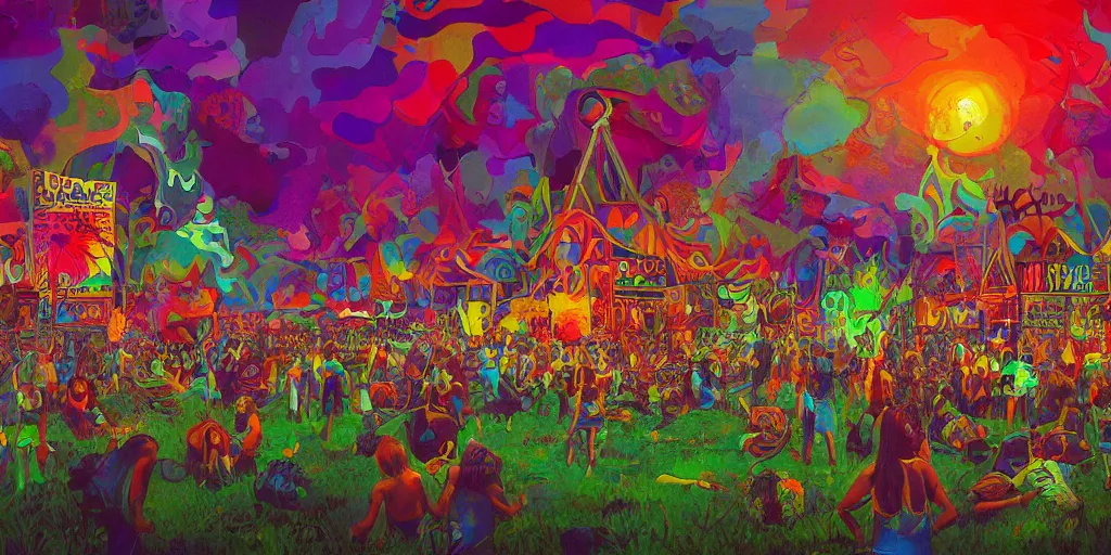 Image similar to magnificent picture of 1969 Woodstock, Hippie vibe, psychedelic detail, digital art, artstation, smooth, sharp