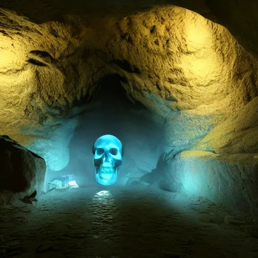 Prompt: a large translucent skull blocking the entrance to a cave emanating a blue glow, subsurface scattering, volumetric lighting, rendered in unreal engine, 3 d volumetric light, caustic reflection, adventure mystery cave