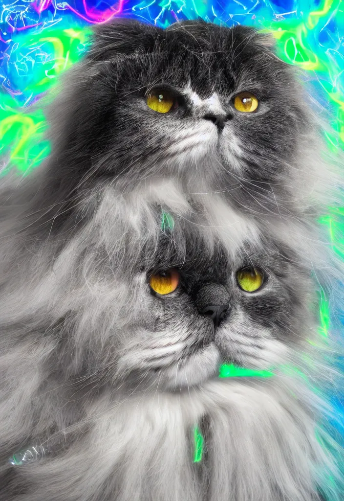 Image similar to longhair floof fluffy coiffed groom elegant gorgeously cfa champion cute pretty scottish fold cat, radiant with mathematical diagrams hologram overlay revealing a complex inner mechanations, detailed painting, grisaille dark monochrome with neon fluorescent color airbrush spraypaint accents, by jules julien, wes anderson, lisa frank, octane render 4 k