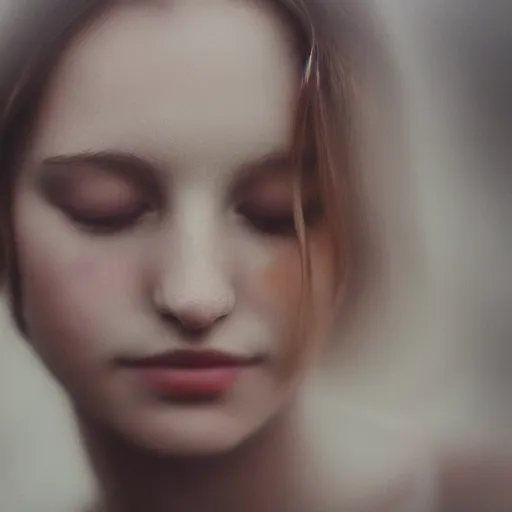 Image similar to photorealistic portrait of a beautiful young woman, very blurry, out of focus, translucent stone white skin, closed eyes, foggy, closeup