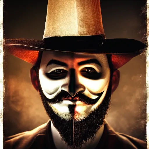 Image similar to man in the style of guy fawkes, cinematic, key light, 4 k, 8 k, photorealistic, ultra realistic, hyperrealistic