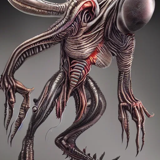 Prompt: full body studio photo of a new alien monster, creative design, realistic detailed painting, trending on deviantart