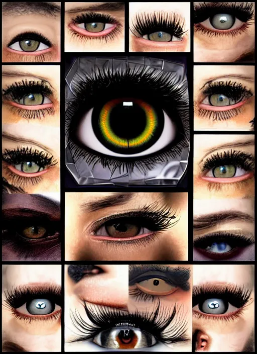 Image similar to grid montage of cube shaped eyes, square shaped black dilated pupils, cube shaped irises, detailed colored textures, eyelashes, advanced art, art styles mix, from wikipedia, wet reflections in square eyes, sunshine light, hd macro photograph, from side, various eyelid positions, square black pupil centered