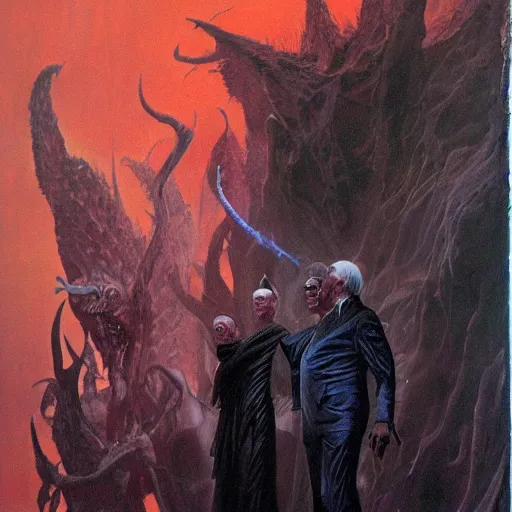 Image similar to epic Joe Biden in pandemonium, demons and souls, portrait, art by Wayne Barlowe, oil on canvas