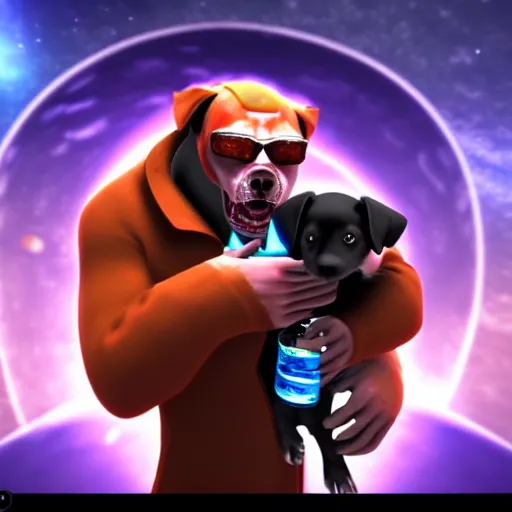 Prompt: t 8 0 0 terminator eating sandwich, hugging a cute puppy while surfing on a saxophone over rings of saturn in space, team fortress 2 sцcreenshot