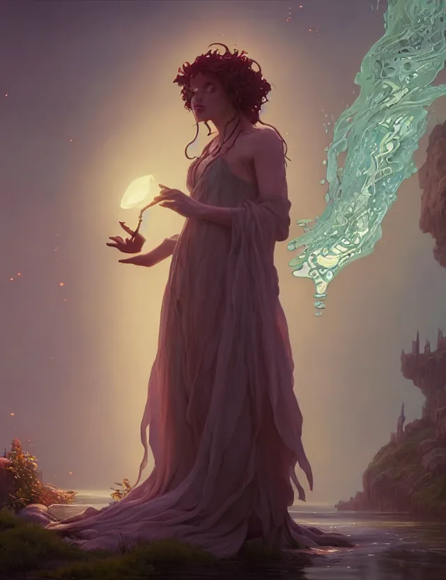 Image similar to highly detailed vfx portrait of a sorceress - ophelia casting a water spell, unreal engine, greg rutkowski, loish, rads, beeple, makoto shinkai and lois van baerle, ilya kuvshinov, rossdraws, tom bagshaw, alphonse mucha, global lighting, detailed and complex environment