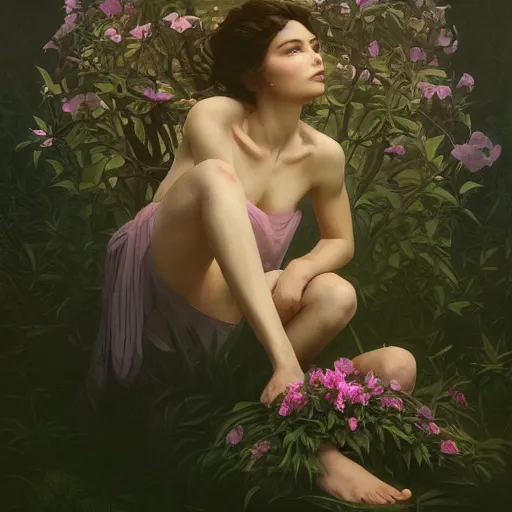 Prompt: surreal beautiful young woman, sitting with flowers, detailed gorgeous face turning into a tree, leaves, dark, ominous, sad eyes, vaporwave aesthetic, synthwave , digital painting, artstation, concept art, smooth, sharp focus, illustration, art by artgerm and greg rutkowski and alphonse mucha