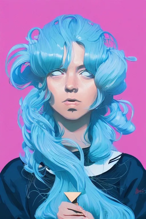 Image similar to portrait painting of a teenage girl with swept back wild blue hair, fashionable, windy, sharp focus, award - winning, cinematic pose, cinematic lighting, trending on artstation, masterpiece, highly detailed, intricate. art by josan gonzales and moebius and deathburger