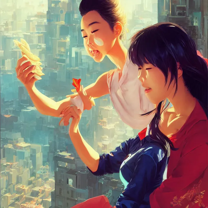 Prompt: asian girl eating a ritz cracker by artgerm, tooth wu, dan mumford, beeple, wlop, rossdraws, james jean, marc simonetti, artstation giuseppe dangelico pino and michael garmash and rob rey and greg manchess and huang guangjian and makoto shinkai