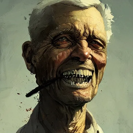 Prompt: old man portrait, hand grenade in his teeth, greg rutkowski art