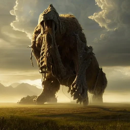 Image similar to enormous creature towering over the plains, volumetric lighting, 8 k octane beautifully detailed render, post - processing, extremely hyper - detailed, intricate, epic composition, cinematic lighting, masterpiece, trending on artstation, detailed detailed detailed, masterpiece, stunning art by anders zorn, wonderful masterpiece by greg rutkowski, beautiful cinematic light,