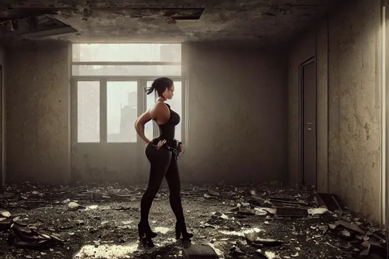 Image similar to photo still of kim kardashian as a cop inside a derelict apartment, glowing walkie talkie, realistic, wide shot, symmetrical, highly detailed, digital photo, instagram, hyper realistic, smooth, sharp focus, illustration, cinematic lighting, art by artgerm and greg rutkowski and alphonse mucha