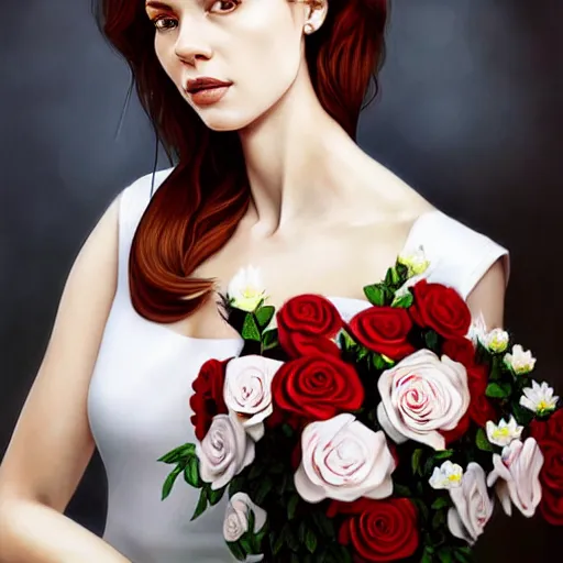 Image similar to portrait of a gorgeous woman holding a bouquet of roses in the style of stefan kostic, auburn hair, realistic, sharp focus, intricate, white dress, elegant, insanely detailed, 8 k high definition, art by artgerm, mark hill