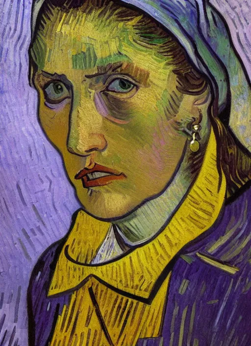 Image similar to detailed expressionist!! oil painting masterpiece portrait of joan d'arc!! by van gogh, 8 k resolution, smooth, sharp focus, matte painting, beautiful masterpiece expressionist painting, greys and golds and purples