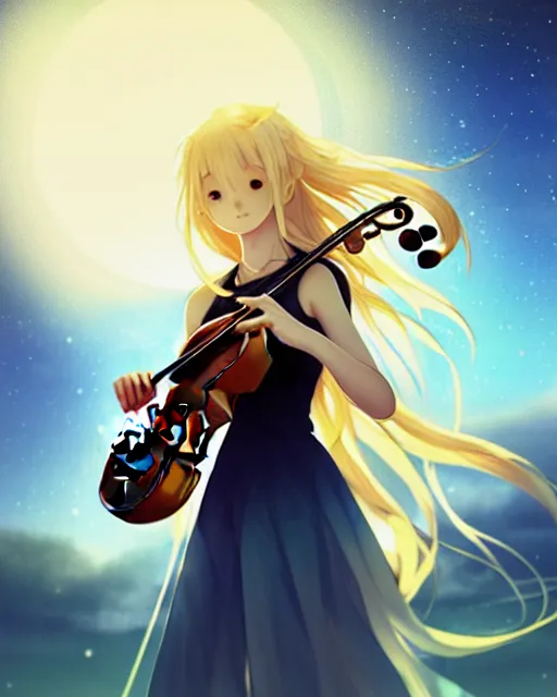 Image similar to teen, cute, full body, a female with white skin and golden long wavy hair holding a violin and playing a song, heavenly, stunning art style, filters applied, lunar time, night sky, trending art, sharp focus, centered, landscape shot, fate zero, simple background, studio ghibly makoto shinkai yuji yamaguchi, by wlop