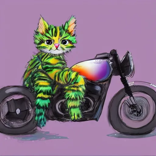 Image similar to wide angle full body, jacket wearing fluffy cute rainbow kitten wearing a black leather motorcycle jacket, concept art