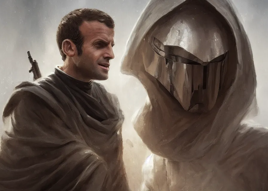 Prompt: painting portrait of Emmanuel Macron dressed as Vitiate in Star Wars, sharp focus, waist up, trending on ArtStation, masterpiece, by Greg Rutkowski, by Ross Tran, by Fenghua Zhong, octane, clear eyes, soft render, clear facial features, oil on canvas, moody lighting, cinematic, professional environment concept art