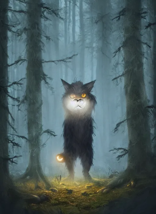 Prompt: a ominous furry creature with long twisted ears standing in a forest, yellow glowing eyes, dark fantasy, michael kutsche, concept art, beautiful lighting