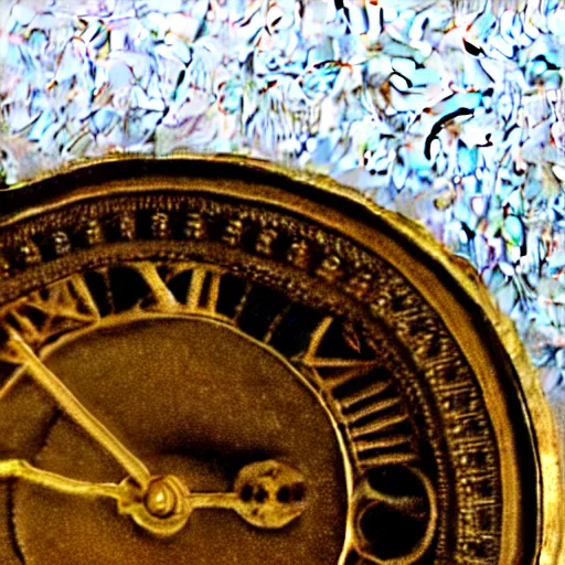 Image similar to a gold coin with a clock face printed on it, complex, high detail, close up