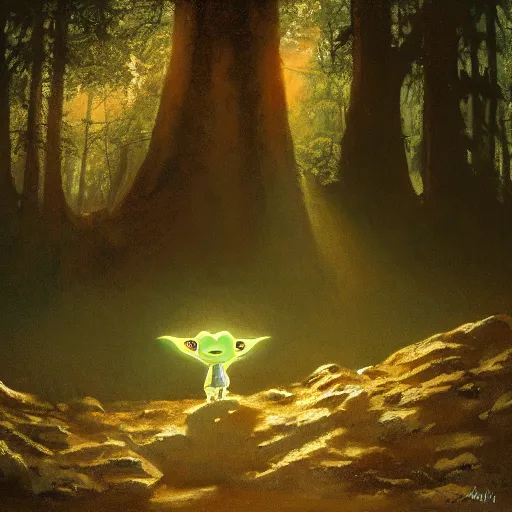 Image similar to high - angle view, shot from 5 0 feet distance, baby yoda on a well lit path in a dimly lit forest. dramatic clouds, setting sun, oil on canvas. light, shadow, depth, volume, chiaroscuro, drama, quiet intensity, realism, oil