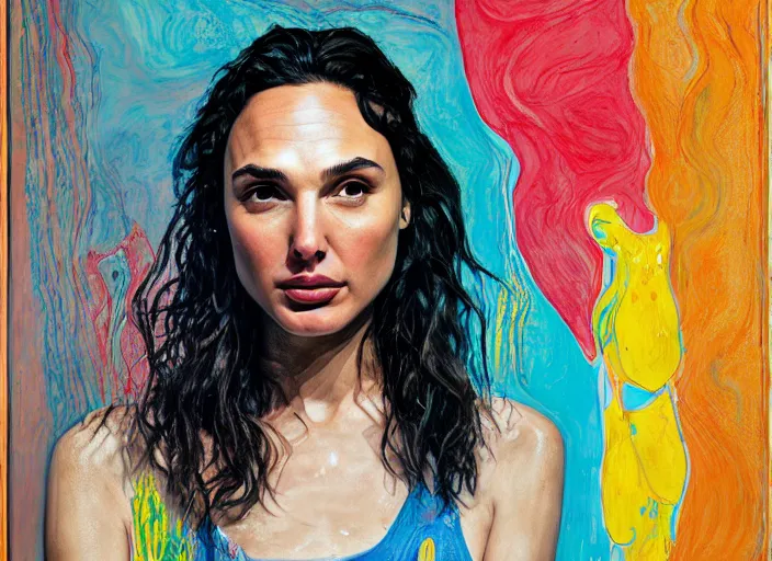 Prompt: portrait of gal gadot in tears, by vincent lefevre and hernan bas and pat steir and hilma af klint, psychological, photorealistic, dripping paint, washy brush, rendered in octane, altermodern, masterpiece