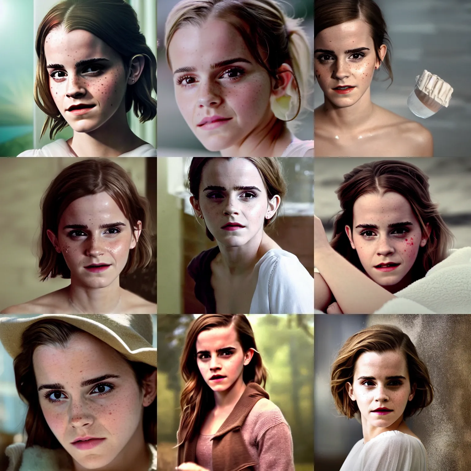 Prompt: a cinematic film still of gorgeous emma watson, with a whitish, sticky liquid that has a jelly - like texture that is dripping off of her face. viscous, her face is coated in a whitish, sticky liquid that has a jelly - like texture. 2 0 2 2