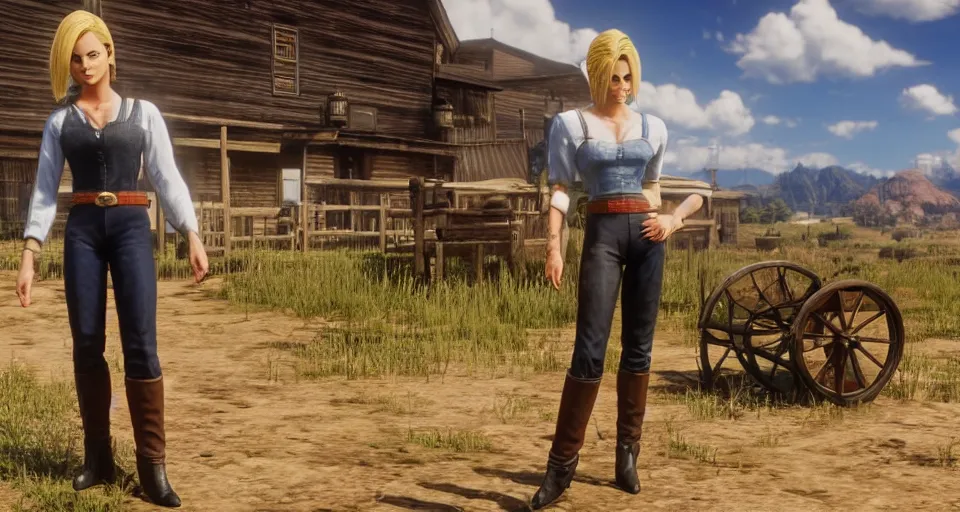 Image similar to Screenshot of Android 18 from DBZ in western attire in the videogame 'Red Dead Redemption 2' in a saloon environment. Sharpened. 1080p. High-res. Ultra graphical settings.