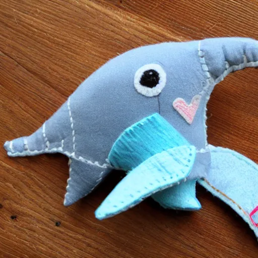 Prompt: a cute hand stitched baby dolphin toy with kind eyes