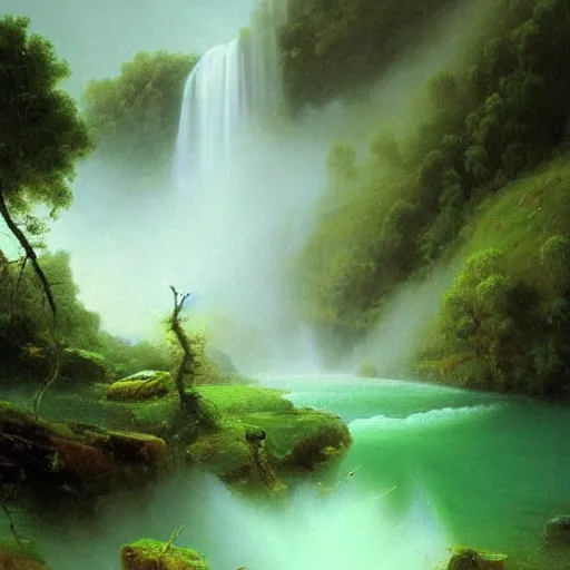 Prompt: Waterfall in a beautiful, green, lush paradise, creating mist in the lake below, trending artstation, cgsociety, 8k, hdr, hyper-detailed, digital painting by Aivazovsky