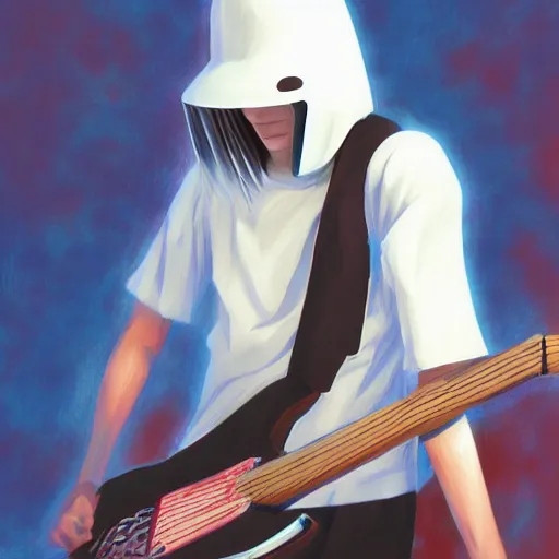 Prompt: guitarrist buckethead, Artwork by Makoto Shinkai, 4k, pixiv, digital artwork, high quality