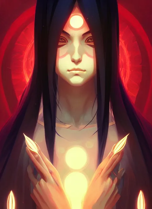 Image similar to symmetry!! itachi, glowing lights!! intricate, elegant, highly detailed, digital painting, artstation, concept art, smooth, sharp focus, illustration, art by artgerm and greg rutkowski and alphonse mucha