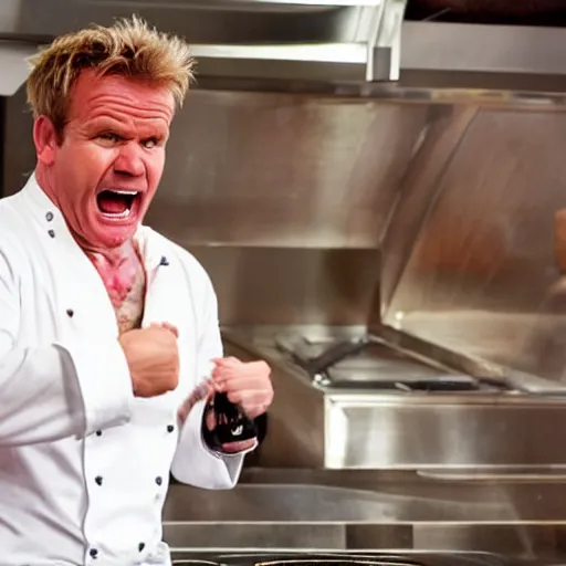 Prompt: shirtless gordon ramsey screaming at a michelin - star chef