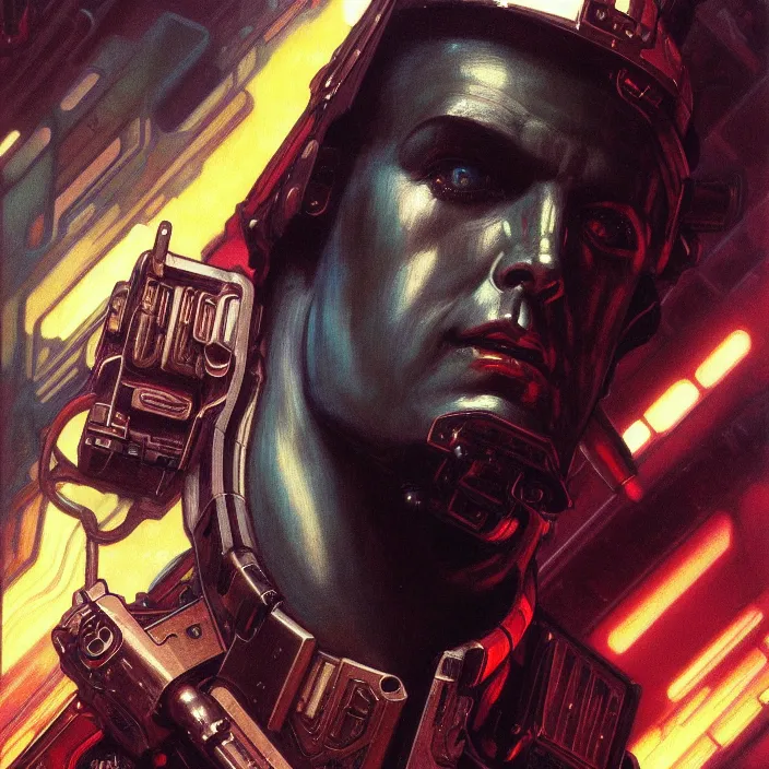 Image similar to excellent painted portrait of a replicant space marine from blade runner (1982), cyberpunk blade runner art, character artwork, 8k resolution artwork, trending on artstation, detailed oil painting portrait, art by artgerm and greg rutkowski and alphonse mucha and craig mullins and James Jean and Andrei Riabovitchev and Marc Simonetti and peter mohrbacher, matte painting