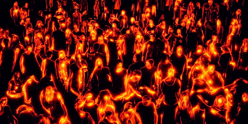 Prompt: love, overlays of groups of people with glowing bodies, from behind, rebirth, wide angle, cinematic atmosphere, elaborate, highly detailed, vivid colors, dramatic lighting