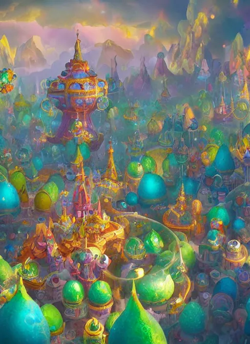 Image similar to foam priest and his bubble kingdom, unique landscape, highly detailed, flying buildings, colorful, palace, bubble trees, cinematic lighting, artstation, intricate, masterpiece, art by maria panfilova and dylan kowalski and huifeng huang