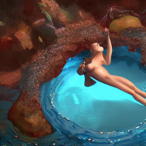 Prompt: photo of a blue fat syren in a water cave, detailed, realistic, 8k, Trending on Artstation