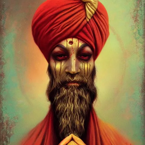 Image similar to old indian guru, turban, creepy, red and gold, meditation, by Anato Finnstark, Tom Bagshaw, Brom