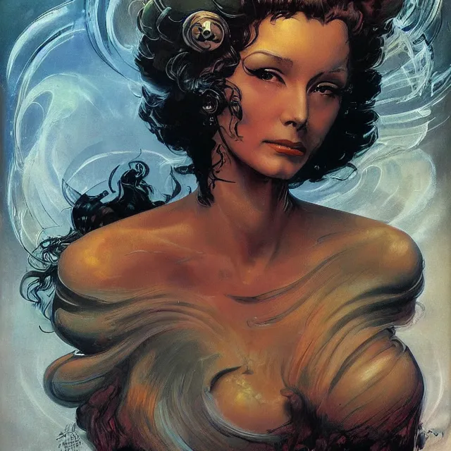 Image similar to portrait of a woman with swirling hair and fractal skin by frank frazetta, retrofuturism, psychedelic art reimagined by industrial light and magic