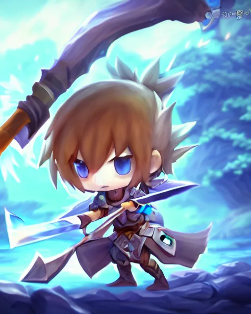 Image similar to oil painting of a cute chibi MapleStory warrior,, attacking, casting a spell with a spear, wearing a MapleStory warrior outfit, sharp focus, fantasy style, octane render, volumetric lighting, 8k high definition, by greg rutkowski, highly detailed, trending on artstation, magic the gathering artwork, Perion background from MapleStory, centered