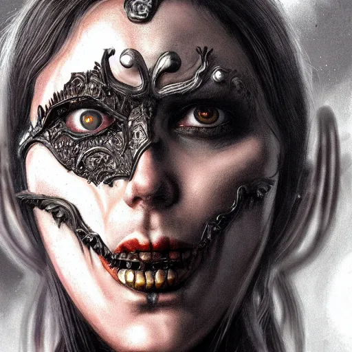 Prompt: Very very very very highly detailed epic photo of face with scarry horror venetian mask, intricate, dystopian, sci-fi, extremely detailed, digital painting, artstation, concept art, smooth, sharp focus, illustration, intimidating lighting, incredible art by Artgerm and Vincent di Fate