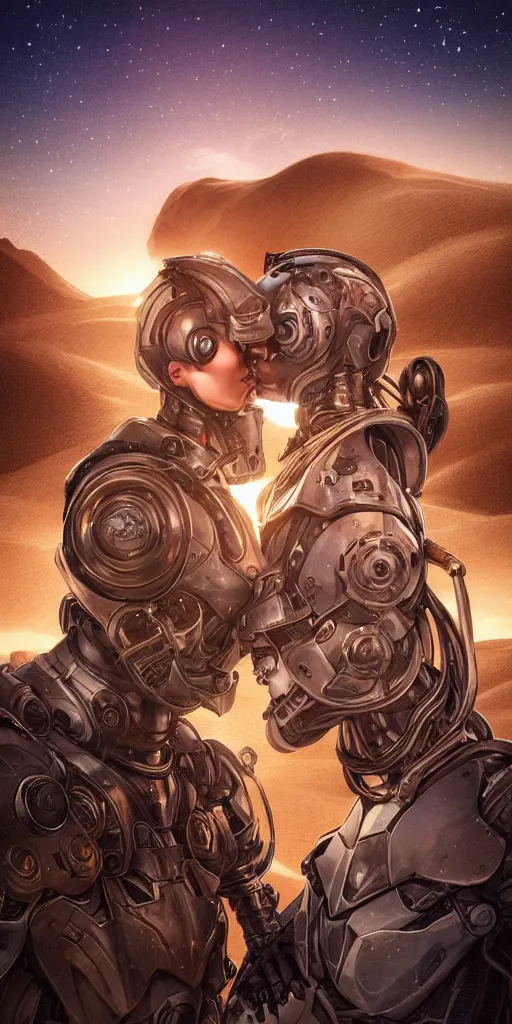 Prompt: close portrait of two lovers robots kissing against the backdrop of desert at the night for stories, highly detailed, highly intricate, fantasy, by artgerm