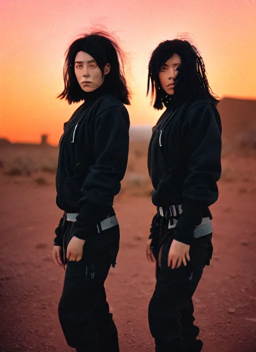 Image similar to cinestill 5 0 d photographic portrait of two loving clones, women wearing rugged black techwear on a desolate plain with a red sky, closeup, diverse species, cyberpunk, in front of a brutalist dark metal facility, dust storm, 3 5 mm, 8 k, depth of field, high resolution