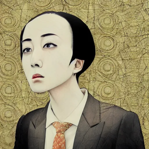 Image similar to yoshitaka amano blurred and dreamy realistic portrait of a woman with black eyes and white hair wearing dress suit with tie, junji ito abstract patterns in the background, satoshi kon anime, noisy film grain effect, highly detailed, renaissance oil painting, weird portrait angle, blurred lost edges, three quarter view