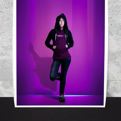 Image similar to poster artwork, sci fi, a female, full body, black hoodie techie, black hair with purple streaks, 8 k