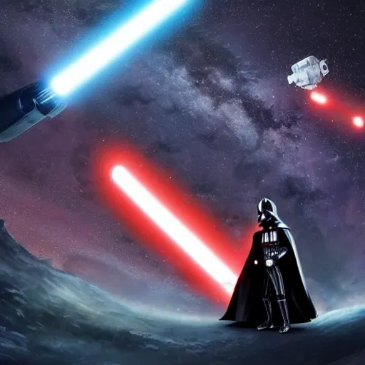 Prompt: Darth Vader with lightsaber in hand, riding a giant cat in space. cinematic
