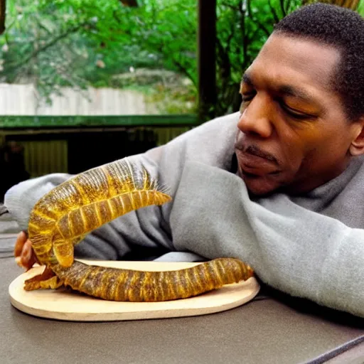 Image similar to john coltrane snuggling a giant mealworm