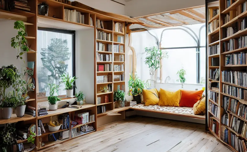 Prompt: interior desing magazine photo of a big window with a wooden frame to sit on, some sandy yellow pillows, there are a few books and plants on a integrated shelf, great architecture, ambient light, 8k