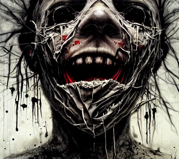 Prompt: face shredded like paper peeling scream, dark, surreal, highly detailed horror dystopian, by zdzisław beksinsk