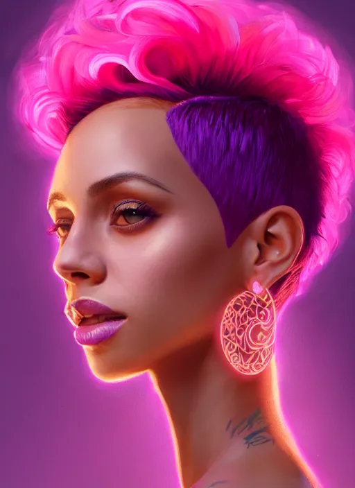 Image similar to portrait of vanessa morgan with bright pink hair, curly pixie cut hair, wearing a purple breton cap, breton cap, hoop earrings, intricate, elegant, glowing lights, highly detailed, digital painting, artstation, concept art, smooth, sharp focus, illustration, art by wlop, mars ravelo and greg rutkowski